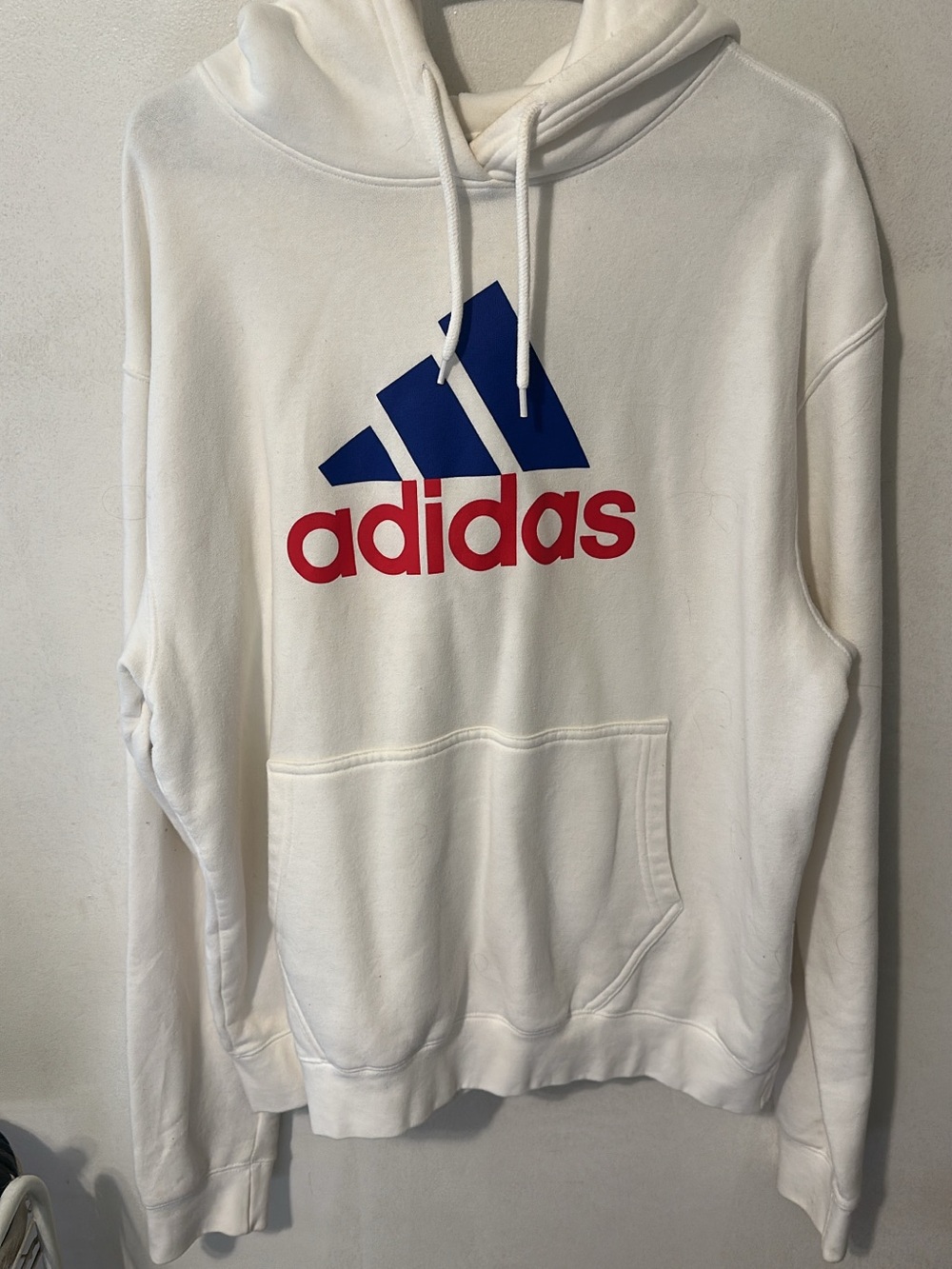 adidas White Hoodie with Blue Logo and Red Text